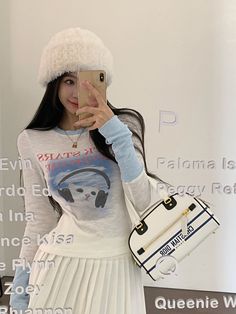 White Rockstar Cat Long Sleeves T-Shirt | Seulgi - Red Velvet S Trendy Graphic Print Winter T-shirt, Trendy Winter T-shirt, Trendy Winter Crew Neck T-shirt, Retro White Winter T-shirt, Rockstar Cat, Kpop Tshirt, Fashion Chingu, Red Velvet Seulgi, Velvet Fashion