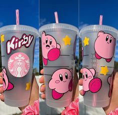 three different pictures of starbucks cups with cartoon characters on them, one is pink and the other is gray