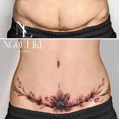 before and after photos of a woman's stomach with flowers on the lower side