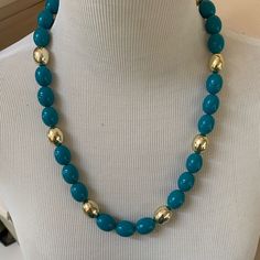 Beautifully Made With Substantial Size Beads Of A Deep Teal And Gold Tone Working Clasp Elegant Turquoise Beaded Necklaces With Oval Beads, Elegant Turquoise Beaded Necklace With Oval Beads, Elegant Turquoise Beaded Necklaces With Gold Beads, Elegant Turquoise Beaded Necklace With Gold Beads, Elegant Oval Beads With Beaded Chain, Elegant Turquoise Beaded Chain, Jean Art, Gold Beaded Necklace, Painted Jewelry