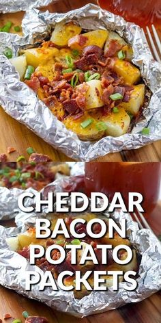 bacon potato packets are loaded with cheddar bacon, potatoes and other toppings