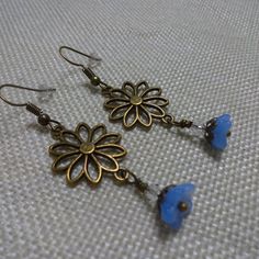 Whimsical Flower With Blue Flower & Crystal Bead Handmade Antique Bronze Dangle Earrings (1 1/4" Drop) #513c All Of My Jewelry Is Handmade By Me In My Smoke & Pet Free Home!!!!!! Please Note That Every Item Purchased Comes In A Drawstring Organza Bag For Easy Gift Giving!!! Please Note That I Will Consider Any Reasonable Offer On My Jewelry!!!!!!!!!! Please Let Me Know If You Have Any Further Questions. Thanks For Stopping By And Have A Terrific Day!!!! Whimsical Flower, Flower Crystal, Bronze Earrings, Women Artisans, Easy Gifts, Blue Flower, Organza Bags, Gift Giving, Artisan Jewelry