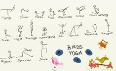 an image of birds and yoga symbols on a whiteboard with words written in it