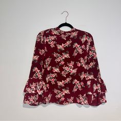 Cute Bell Sleeve Floral Top Purchased But Never Worn 7 Red Feminine Ruffle Top, Red Ruffled Feminine Tops, Red Feminine Ruffled Tops, Feminine Red Ruffled Tops, Red Casual Tops With Ruffle Hem, Casual Red Tops With Ruffle Hem, Red Ruffle Sleeve Tops For Spring, Trendy Red Ruffled Blouse, Chic Red Top With Ruffle Hem