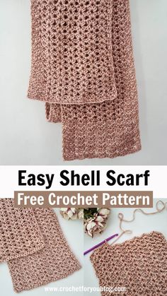 the crochet shell scarf is shown with text overlay