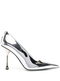 silver-tone calf leather patent finish metallic effect silver-tone logo lettering slip-on style pointed toe leather lining branded insole 95mm stiletto heel This piece comes complete with a protective dust bag. Tone Calves, Chris Martin, Silver Pumps, Fame Dr, Classic Pumps, Material Girl, Silver Heels, Silver Shoes, Silver Accessories