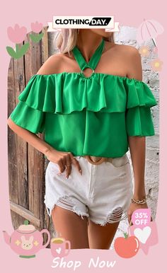 Halter Neck Ruffled Layered Blouse Off-shoulder Ruffled Tops For Brunch, Off-shoulder Ruffle Blouse For Brunch, Trendy Off-shoulder Blouse With Ruffles, Trendy Off-shoulder Ruffled Blouse, Chic Party Tops With Ruffle Hem, Chic Tops With Ruffle Hem For Party, Solid Ruffled Tops For Summer, Spring Ruffle Blouse For Brunch, Spring Off-shoulder Ruffled Top