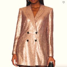 Chic Bronze Gold, All-Over Sequin, Lined, Double-Breasted Bcbgmaxazria Eugenia Long Blazer, New With Tags. Featuring Shoulder Pads, Black "Whopper-Pooper" Secure Buttons With Extra Button Included, Front And Back Darts, Back Vent Still Sealed, And Faux Pockets For A Deatiled Yet Slim, Tailored Silhouette. The Fit Is Chic And Tailored Rather Rather Sloppy And Shapeless. Technically It Is A Blazer Rather Than Blazer Dress Because The Vent Is Long And Would Leave Your Derriere Exposed, But If You K Glamorous Fitted Long Sleeve Blazer, Glamorous Long Sleeve Blazer For Date Night, Glamorous Outerwear For Spring Date Night, Chic Long Sleeve Blazer With Sequins, Glamorous Winter Workwear Blazer, Fitted Sequin Blazer For Fall, Winter Formal Sequined Outerwear, Double-breasted Fall Party Blazer, Formal Winter Outerwear With Sequins