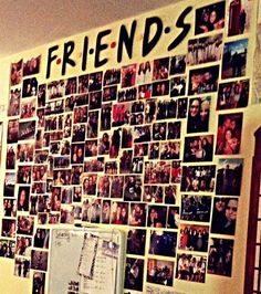 a wall covered in pictures and magnets with the word friends written on it's side