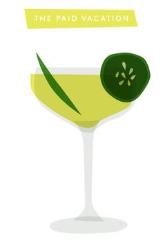 a green cocktail in a glass with an olive on the rim and text that reads, the paid vacation