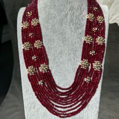 Handmade Style: Long Necklace Material: 18k Yellow Gold Plated, Lab Simulated Ruby Beads, Kundan Stones Size: Adjustable links Imported Item Number: 7013R Cheap Red Long Necklace, Ruby Jewellery, Beaded Necklace Designs, Ruby Beads, Ruby Jewelry, Handmade Fashion, Necklace Designs, Item Number, Long Necklace