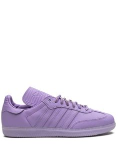 Adidas x Pharrell Humanrace Samba "Purple" Sneakers - Farfetch Purple Lace-up Sneakers With Gum Sole, Purple Leather Sneakers With Gum Sole, Lavender Sporty Sneakers With Rubber Sole, Sporty Lavender Sneakers With Rubber Sole, Lavender Sneakers With Rubber Sole And Round Toe, Sporty Purple Sneakers With Textured Sole, Lavender Lace-up Sneakers With Boost Midsole, Adidas Purple Leather Sneakers, Purple Leather Adidas Sneakers