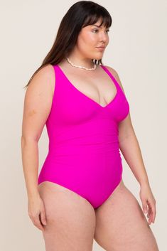 Fuchsia Ruched Plus One Piece Swimsuit – PinkBlush Pink Ruched Swimwear For Sunbathing, Pink Ruched Tankini For Pool, Solid Ruched Stretch Swimwear, Solid Swimwear With Ruched Sides For Beachwear, Solid Beachwear Swimwear With Ruched Sides, Solid Color Beachwear Swimwear With Ruched Sides, Pink Ruched Swimwear For Swimming, Pink Ruched One-piece Swimwear, Solid Color Swimwear With Ruched Sides For Beach