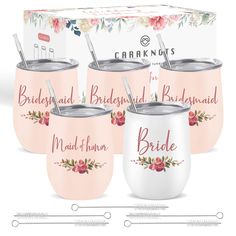 four bridesmaid wine tumblers with matching straws