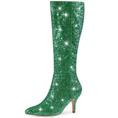 The whole sparkle boots create the perfect fit on the knee. They are styled with a sleek pointy toe, a stiletto heel, and a side zip. Pair these glittery heels with skirts or jeans for a chic night-out look to make you a queen at a party. It is great for going out. Glitter Boots With Pointed Toe For Party, Glitter Pointed Toe Party Boots, Party Glitter Boots With Pointed Toe, Glamorous Pointed Toe Knee-high Boots For Party, Glamorous Party Knee-high Boots With Pointed Toe, Glamorous Knee-high Boots With Pointed Toe For Party, Glamorous Fitted Knee-high Winter Boots, Fitted Sparkling Boots For Evening, Glamorous Fitted Knee-high Boots For Winter