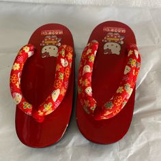 Sanrio Hello Kitty Red Geta Shoes Cute Red Sandals With Round Toe, Red Flat Sandals With Rubber Sole, Red Round Toe Sandals With Rubber Sole, Geta Shoes, Hello Kitty Shoes, Girls Flip Flops, Pink Flip Flops, Kitty Stuff, Kids Flip Flops