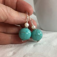 Turquoise Pearl Dangle Earrings, Handmade Turquoise Dangle Pearl Earrings, Turquoise Round Beads Earrings For Gift, Turquoise Pearl Earrings, Grey Pearl Necklace, Blue Howlite, Pink Pearl Necklace, Turquoise And Coral, Earrings Big