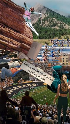 a collage of photos with people in the stands at a football game and an image of a woman jumping up into the air