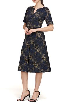 Enchant the crowd in this fit-and-flare cocktail dress cut from metallic jacquard with a graceful notched neck. 41" length Hidden back-zip closure V-neck Elbow-length sleeves Lined 100% polyester Dry clean Imported Navy Gold, Elbow Length Sleeve, Dress Cuts, Nordstrom Dresses, Fit And Flare, Florence, Cocktail Dress, Dry Clean, Nordstrom