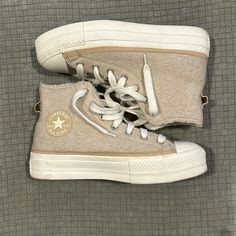 Brand New High Top Converse Worn Once, Brand New Condition, Material On Outside It Felt Like, Ok The Inside Is Wool. Comfortable Beige Ankle-high Sneakers, Beige Lace-up Sneakers For Fall, Trendy Beige Sneakers For Everyday, Beige High-top Sneakers For Fall, Trendy Everyday Beige Sneakers, Trendy Beige Everyday Sneakers, Fall Beige High-top Sneakers, Beige Ankle-high Fall Sneakers, Beige Casual Ankle-high Sneakers