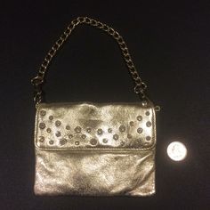 Brand. We With Tags! Stunning Genuine Leather With Crystal Rhinestone Embellishments. 5.5" X 4.5". Strap Is 12" Crystal Clutch, Rhinestone Embellishments, Purse Bag, Gold Leather, Clutch Purse, Crystal Rhinestone, Embellishments, Genuine Leather, Bag Lady