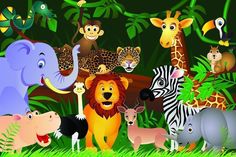 Animals in the jungle Wall Mural-Wall Mural-Eazywallz Jungle King, Jungle Wall Mural, Jungle Thema, Icing Cake, Jungle Cake, Jungle Scene, Jungle Wall, Colourful Designs, Photo Mural