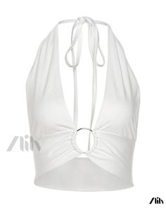 Zlily - Sexy Low Cut Slimming Crop Top with Strap Detail and Exposed Midriff White Backless Crop Top For Club, White Halter Neck Tank Top For Club, White Halter Neck Top For Club, White Halter Top For Spring Clubbing, White Halter Top For Spring Club Occasions, Low Cut, Crop Top, Slim Fit, Dye