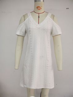 Women's 2024 Sumer Boho Dress V-Neck Hollow Out Short Sleeve Mini Dress Stretch V-neck Mini Dress For Vacation, White Split Neck Casual Dress, White Casual Dress With Split Neck, Summer V-neck Shift Mini Dress, Spring V-neck Shift Dress With Short Sleeves, White Casual V-neck Dress With Split Neck, Summer Shift V-neck Mini Dress, Non-stretch V-neck Mini Dress For The Beach, Non-stretch Spring V-neck Dress