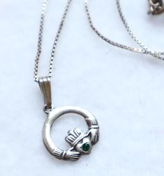 Vintage Sterling Silver Claddagh Pendant Necklace TJH Emerald Stone Irish Celtic Vintage May Birthstone Necklace, Classic Silver Necklace For May Birthstone, Celtic Signs, Claddagh Necklace, Antique Jewelry Necklace, Irish Celtic, Emerald Stone, Dublin Ireland, Box Chain