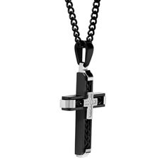 Diamond accent stainless steel black ion plated cross pendant. Includes a 24-inch black stainless steel curb link chain necklace with a lobster claw closure. Black Stainless Steel Chain Necklace, Black Cross Necklace With Chain, Black Cross Pendant Necklace With Chain, Black Stainless Steel Cross Jewelry, Black Curb Chain Jewelry For Gift, Black Cross Necklace With Chain As Gift, Gift Black Cross Necklace With Chain, Gunmetal Stainless Steel Cross Necklace, Black Stainless Steel Cross Pendant Jewelry