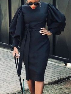 Look Casual Chic, Office Dresses For Women, Guest Attire, Dress Women Elegant, Lantern Sleeve Dress, Elegant Skirt, Crewneck Dress, Rock Design, Lantern Sleeve