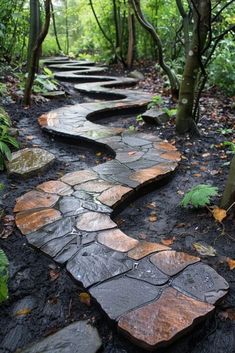 a stone path in the middle of a forest