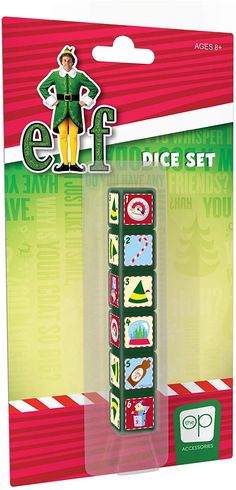 the elf dice set is packaged in a card package with an advertise sticker