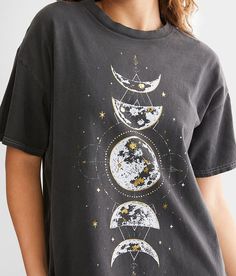 Goodie Two Sleeves Celestial Moon T-Shirt - Black Small, Women's Black Foiled graphic washed t-shirt Bust measures 40 on size small Body length 25 on size small Matching Mom & Me t-shirt. 100% Cotton. Machine wash cold with like colors. Non-chlorine bleach when needed. Tumble dry low. Low iron if needed. Do not iron decoration.. Measurements: Bust -Fullest part of bust with arms at sides. Waist -Circumference of natural waist: above belly button below rib cage. Hips -Standing with feet together Moon T Shirt, Matching Mom, Iron Decoration, Low Low, Waist Circumference, Women's T Shirts, Iron Decor, Rib Cage, T Shirt For Women