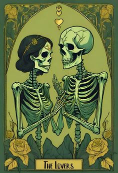 two skeletons holding hands in front of a green background with roses and hearts on it