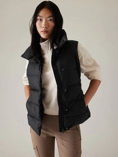 Downtown Puffer Vest | Athleta Black Puffer Vest, Work And Travel, Fall Capsule Wardrobe, Outerwear Vest, Black Puffer, Puffer Vest, Jacket Tops, Capsule Wardrobe, Womens Clothing Tops