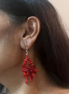 Coral Beaded Earrings, Red Coral Cluster Earrings, Raw Coral Women Earrings, 35th Anniversary Women Gift, Red Boho Earrings, Modern Jewelry by StylishStoneJewelry on Etsy Red Beaded Dangle Earrings, Red Cluster Earrings For Pierced Ears As Gift, Red Drop Beaded Earrings, Handmade Coral Earrings For Party, Red Drop Beaded Earrings For Pierced Ears, Red Dangle Chandelier Earrings, Red Teardrop Chandelier Earrings With Ear Wire, Red Coral Earrings As Gift, Red Coral Dangle Jewelry For Gifts