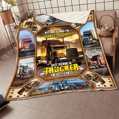 a blanket with pictures of trucks on it