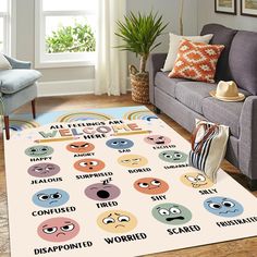 a living room area with a rug that has different faces on it and the words we are