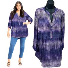 Tunic Blouse Shirt Tee Purple White Striped Tie Dye Violet Purple Iris Lavender Orchid Ombr From Cb Established 1962 Dress Barn 3xl Knit Jacquard Three Quarter Sleeve Roll Tab Top Women Tunic Tee Tops V Neck T Shirts Blouses Fashion Trends Outfit Style Elegant Casual Soft Flowy Tunic Long Roll Tab Sleeves With Buttons Plus Size 3xl Jersey Stretchy Soft Comfy Longsleeve Roll Up Button Never Used Office Work Everyday Vacations Statement Career Almost Like The Display Picture To Show The Style Same Spring Purple V-neck Shirt, Fall Vacation Blouse With Split Neck, Fall Vacation Split Neck Blouse, Split Neck Blouse For Fall Vacation, Casual Rayon Blouse With Split Neck, Fall Beach Tops With Split Neck, Relaxed Fit Long Sleeve Rayon Blouse, Spring Rayon Top With Split Neck, Casual Spring Tunic Shirt