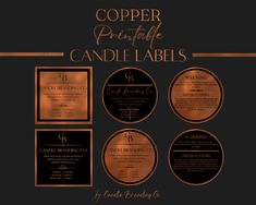 copper and black labels for candles on a black background with gold foil lettering that reads copper printable candle labels