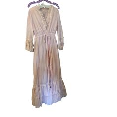 Brand: NA, Vintage. So beautiful! Size: Measures 14" waist flat across Material: NA Length: Maxi Color: Baby pink Any flaws? No Fitted Spring Daywear Robe, Fitted Robe For Spring Daywear, Spring Long Sleeve Nightgown With Lace Trim, Long Sleeve Bedtime Dress For Spring, Spring Long Sleeve Lace Trim Nightgown, Summer Robe With Lace Trim For Daywear, Fitted Lace Trim Sleep Robe, Fitted Spring Sleepwear For Home, Feminine Spring Robe For Bedtime