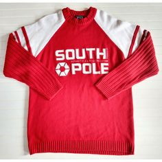 South Pole Authentic Collection Men's XL Red White Long Sleeve Pullover Sweater. Large logo on front. Ribbed knit on sleeves. Crew neck. Excellent pre-owned condition with no notable flaws. All pre owned items may show signs of light wear. Measurements Shoulder to shoulder 22" Armpit to armpit 24" Across the waist 23" Mid shoulder to bottom hem 32" Armpit to sleeve end 21" South Pole, Long Sleeve Pullover Sweater, White Long Sleeve, Long Sleeve Pullover, Pullover Sweater, Pullover Sweaters, Ribbed Knit, Red White, Red And White