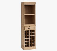 a tall wooden cabinet with wine bottles in it's bottom shelf and the door open