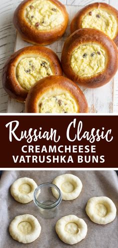 russian classic cream cheese vatrushka buns on a baking sheet and in the background is an image of some bread rolls