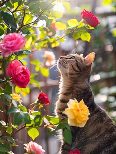 a cat sitting on top of a tree next to flowers