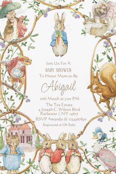 the peter rabbit baby shower is shown with other animals and flowers on it's border