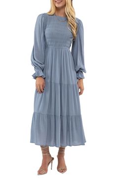 A long-sleeve midi dress offers charming style for any occasion with a smocked bodice, ruffled cuffs and flowy tiered silhouette. 50 1/2" length Back keyhole with button-and-loop closure Crewneck Long sleeves Lined 80% rayon, 20% nylon Hand wash, dry flat Imported Model stats: 5'10" height, 32" bust, 25" waist, 36" hip. Model is wearing size Small. Asian Owned/Founded Modest Dusty Blue Dress, Spring Long Sleeve Dress With Lantern Sleeves, Solid Color Lantern Sleeve Midi Dress For Fall, Solid Lantern Sleeve Midi Dress For Fall, Solid Color Midi Dress With Lantern Sleeves For Fall, Spring Long Sleeve Dress With Puff And Gathered Sleeves, Solid Color Bishop Sleeve Midi Dress For Spring, Spring Midi Dress With Bishop Elastic Sleeves, Fall Midi Dress With Gathered Lantern Sleeves