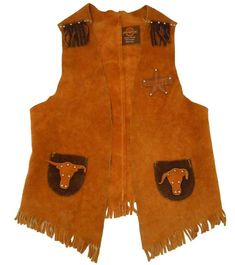 JOHN R. CRAIGHEAD & CO. INC., DENVER, COLORADO MID-20TH CENTURY AMERICAN VINTAGE SIGNED WESTERN COWBOY/COWGIRL YELLOW OCHRE & CHOCOLATE BROWN SUEDE & LEATHER FRINGED VEST, with SEWN LEATHER 'ARIZONA' SHERIFF'S STAR BADGE, CUT-OUT STEER SUEDE DECORATED POCKETS & STUDDED TRIM DECORATION [Suede skirt pictured not included] (Circa 1974-1986) Mid-20th century vintage Western themed children's apparel for Halloween & costumed events DIMENSIONS:  20" Length x 9 1⁄2" Width (Shoulders) x 14 1⁄2" Bottom W Cowboy Vest, Suede Fringe Vest, Star Badge, Cowboy Girl, Fringe Vest, Suede Vest, Chocolate Brown Colour, Boho Fringe, Yellow Ochre