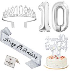 a birthday cake, tiara and balloons with the number 10 on it